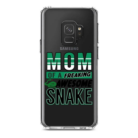 DistinctInk Clear Shockproof Hybrid Case for Samsung Galaxy S9 (5.8" Screen) - TPU Bumper Acrylic Back Tempered Glass Screen Protector - Mom of a Freaking Awesome Snake
