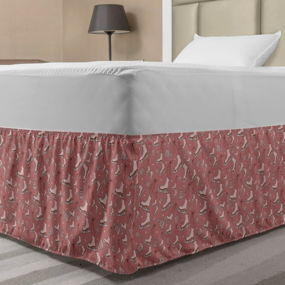 Ice Skates Bed Skirt, Feminine Design of Tools of Outdoor Sports Activity, Elastic Bedskirt Dust Ruffle Wrap Around for Bedding Decor, 4 Sizes, Pale Ruby Rose, by Ambesonne