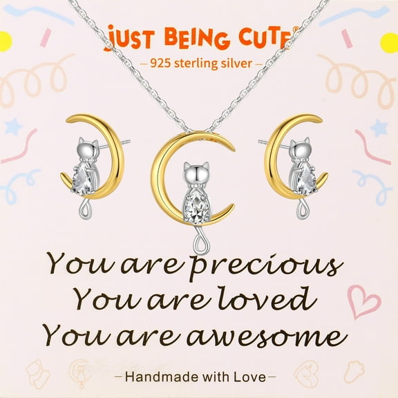 Just Being Cute July Birthstone Necklace and Earrings for Girls Women 925 Real Sterling Silver Cat Jewelry Sets Birthday Valentines Day Gifts Teen Her Girlfriend Wife Lady Female Kids Age Ideas