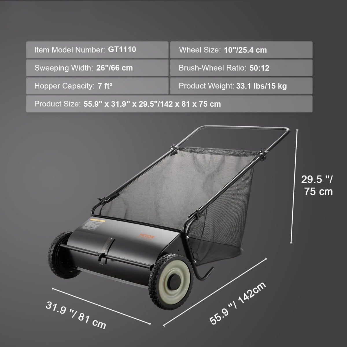 ZHICHUN 26 Inch Push Lawn Sweeper, 4 Spinning Brushes, 7 ft³ Large Capacity Mesh Bag, Heavy Duty Thickened Steel Frame Leaf Grass Collector with Adjustable Height & Rubber Wheels