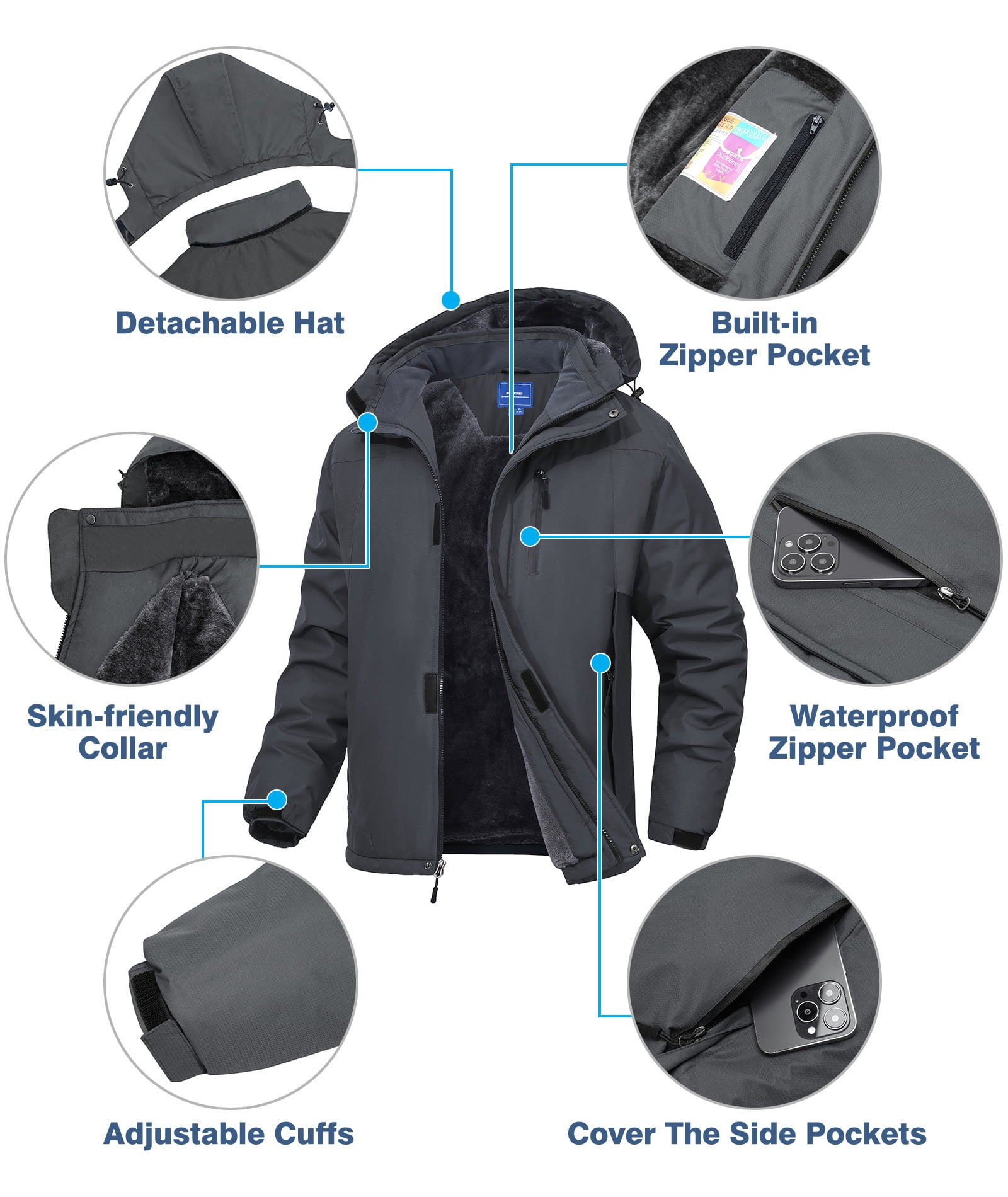 Lavenicole Men's Waterproof Ski Jacket Fleece Lined Warm Winter Snow Coat Mountain Windbreaker Hooded Raincoat