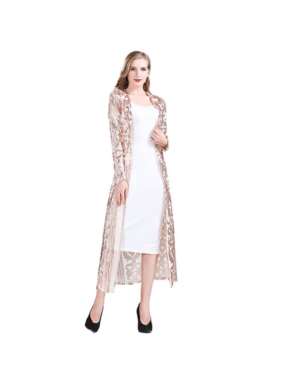 Womens Sequin Jacket Mesh Duster Cardigan Glitter Sparkle Long Sleeve Open Front Coat Dresses for Evening Prom