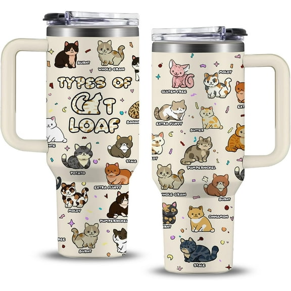 Cat Gifts for Cat Lovers, Types of Cat Loaf Tumbler with Handle 40oz, Funny Cat Themed Gifts for Women Men, Birthday Christmas Gift for Cat Mom/Dad Cup, Cute Kitten Kawaii Cats Coffee Mug
