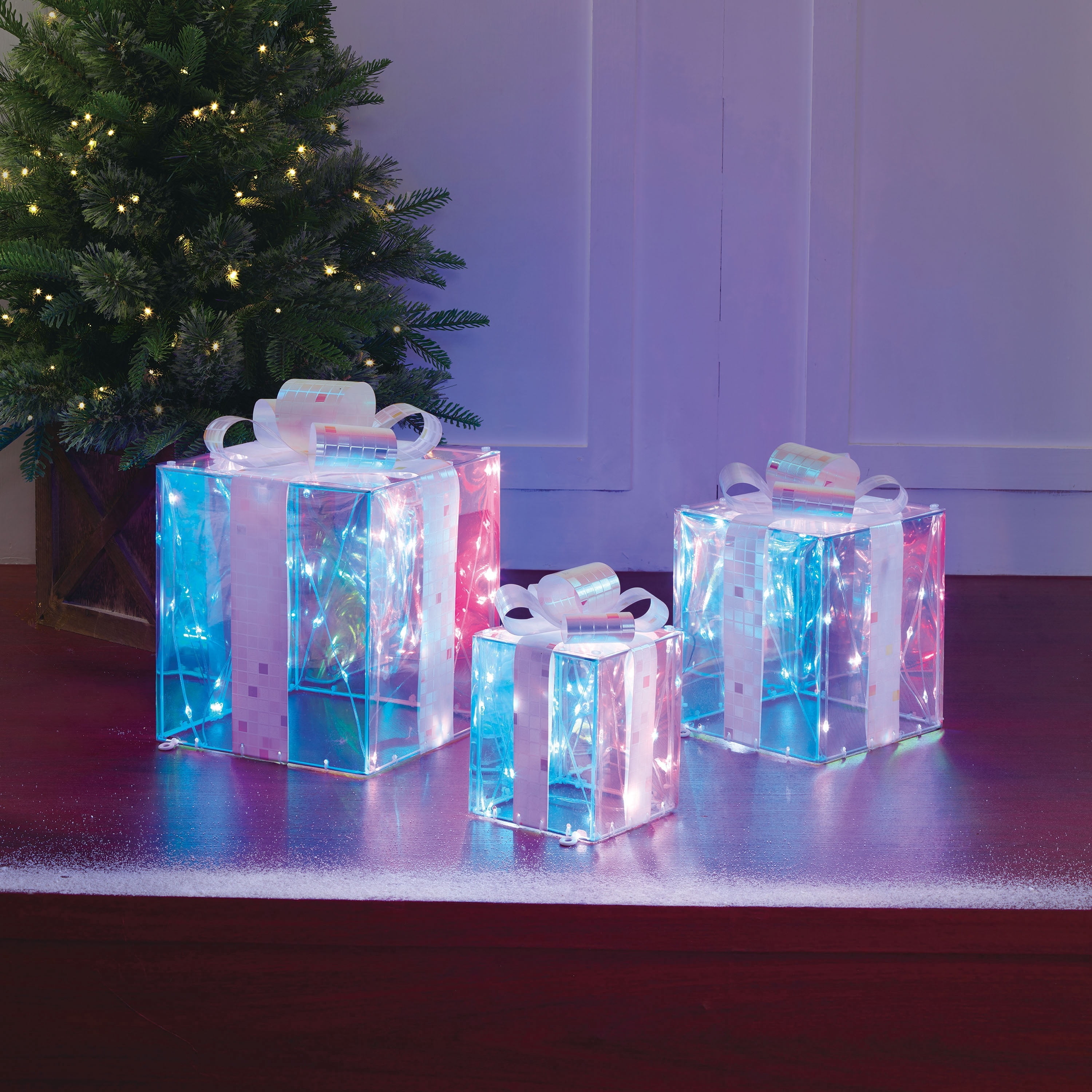 Indoor/Outdoor Light-Up Prismatic Gift Boxes Christmas Decorations with 80 LED Lights, Cool White, Set of 3, by Holiday Time