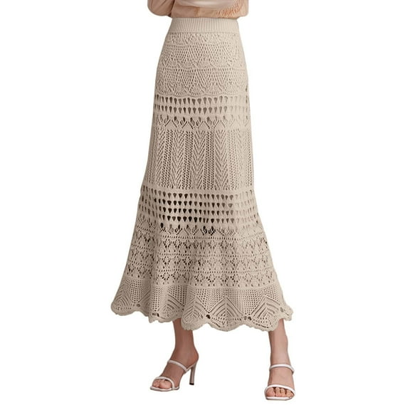 High Waist Lace Hollow Knitted Midi Skirt for Women - Elegant, Bodycon, for Spring and Summer Fashion
