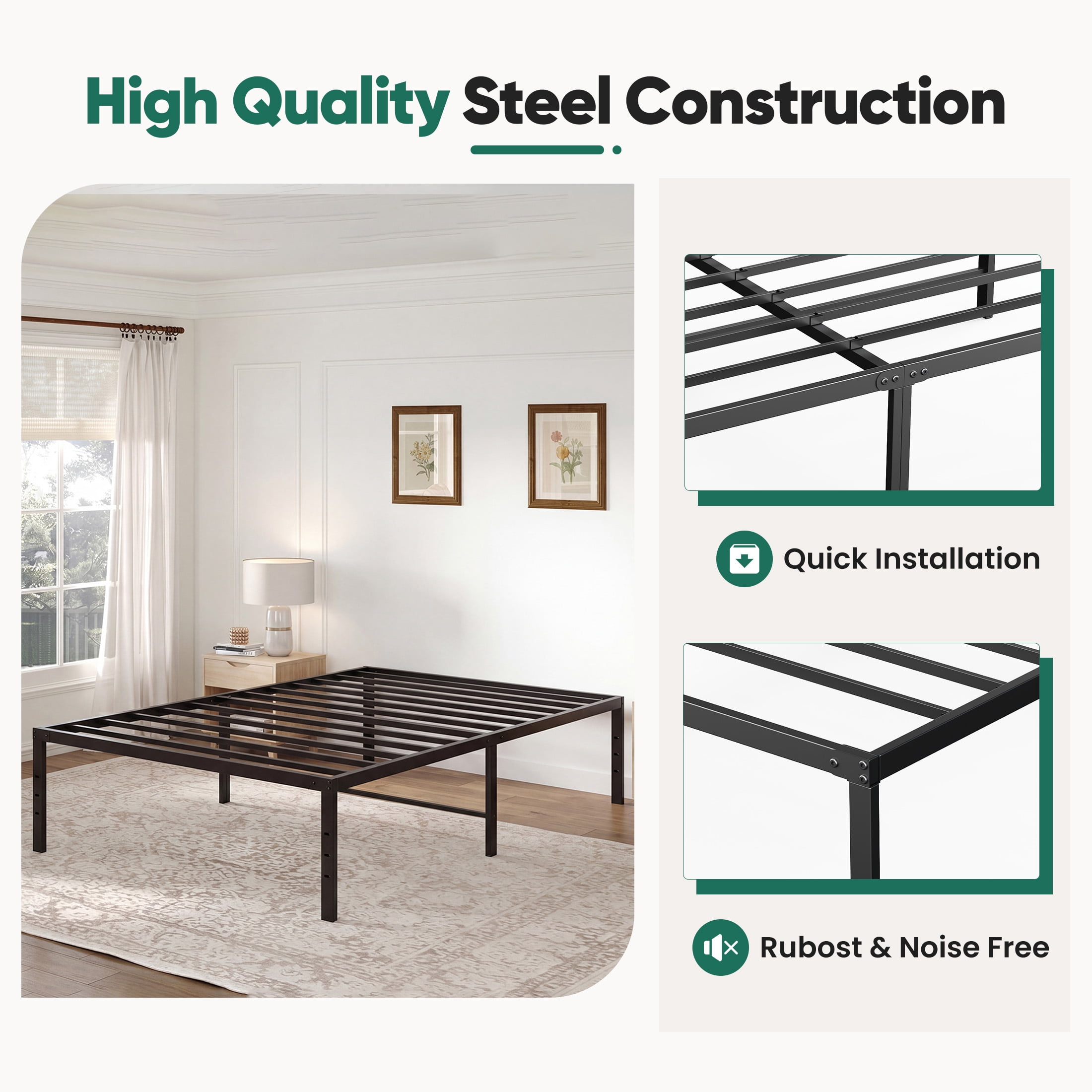 EDX 16 Inch High Clearance Metal Platform Bed Frame with Steel Slats, Large Under Bed Storage, No Box Spring Needed, Noise Free, Easy Assembly, Twin-XL