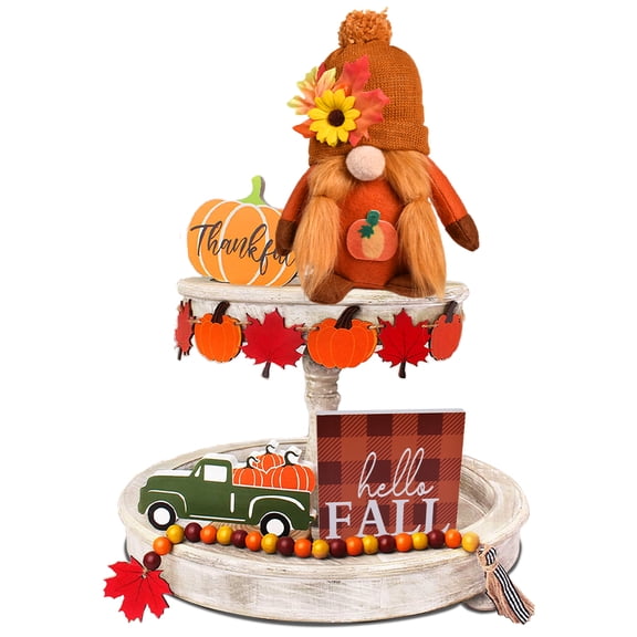 Fall Tiered Tray Décor Set of 11, Fall Wooden Sign, Gnome Plush, Harvest Pumpkin Wood Blocks for Thanksgiving Autumn Table Decoration, Home Farmhouse Rustic (Tray NOT Included)