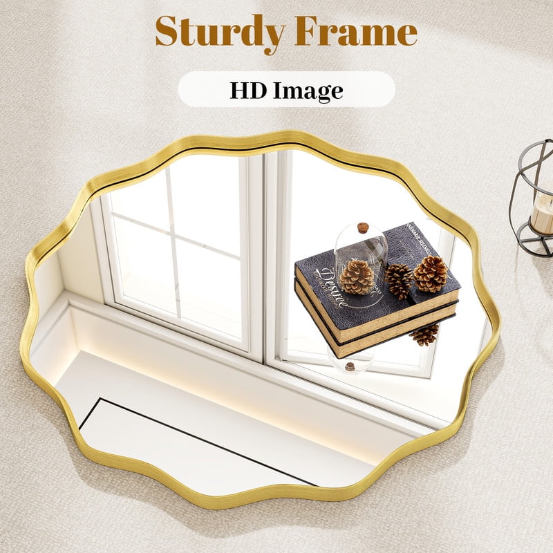 Easy4Home 29" Wavy Round Decorative Mirror With Deep Frame, Gold