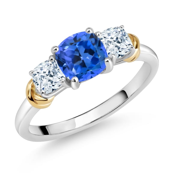 Gem Stone King 925 Sterling Silver and 10K Yellow Gold Fancy Blue Zirconia 3 Stone Engagement Ring for Women (2.02 Cttw, Cushion Cut 6MM and 4MM, Available in Size 5, 6, 7, 8, 9)