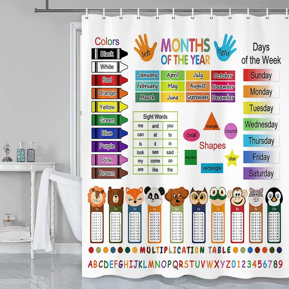 Educational Shower Curtain for Kids, ABC Learning Shower Curtain, Baby Kids Cartoon Theme