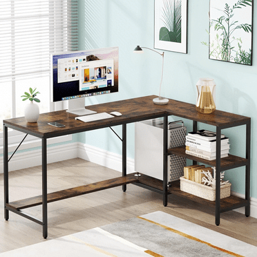 Tribesigns L Shaped Desk with Storage Shelves, Reversible Computer Desk for Home Office Workstation, Rustic Brown