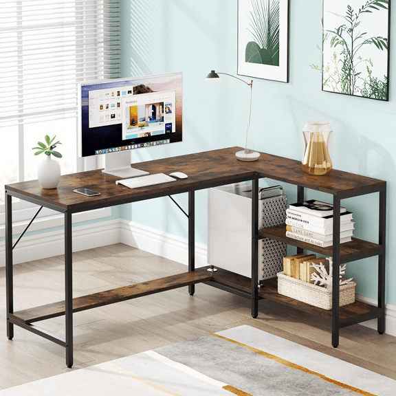 Tribesigns L Shaped Desk with Storage Shelves, Reversible Computer Desk for Home Office Workstation, Rustic Brown