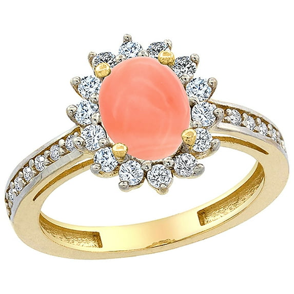 14K Yellow Gold Natural Coral Floral Halo Ring Oval 8x6mm Diamond Accents, size 5.5