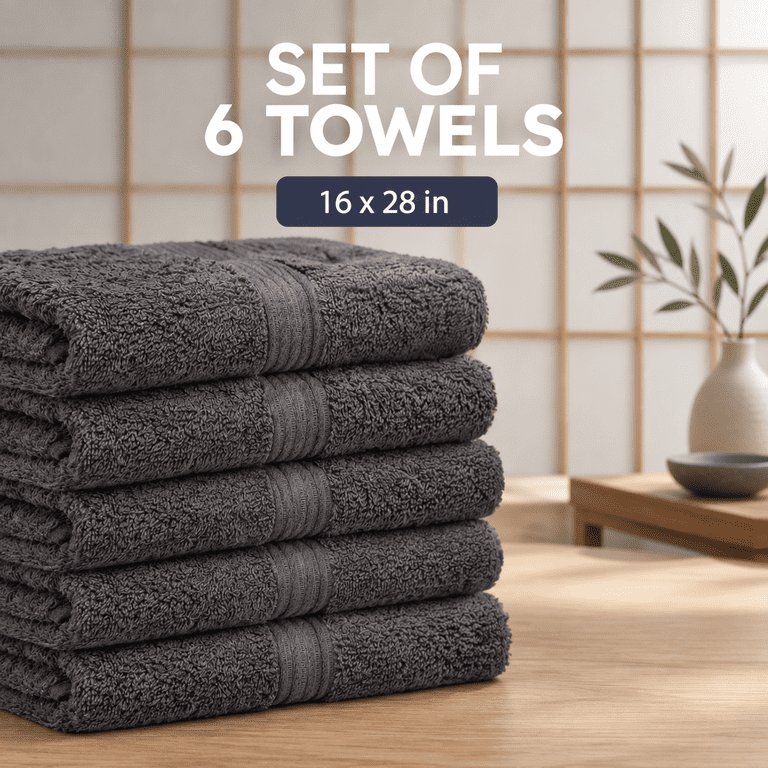 Dark Grey 6-Piece Luxe Hand Towel Set, 16 x 28 Inches, 500 GSM Cotton ...