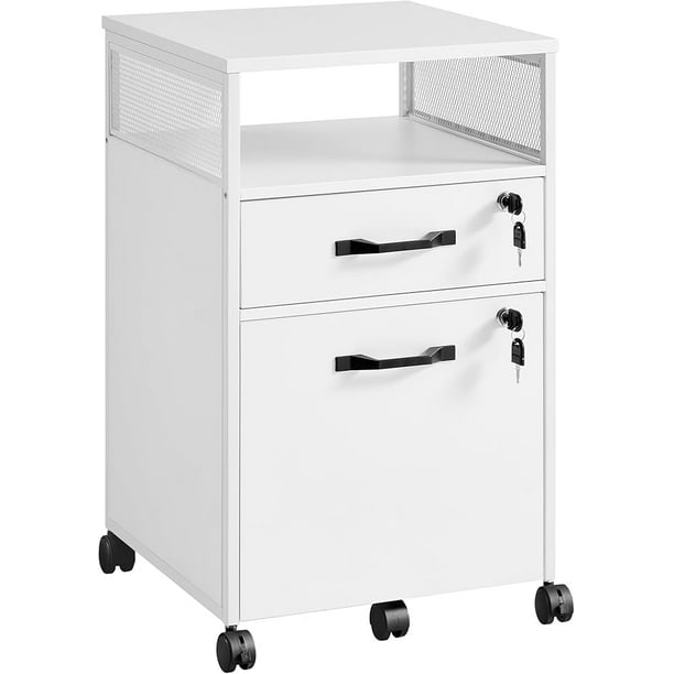 VASAGLE Archivador Móvil con 2 Cajones, Archivador de Oficina con Ruedas, 44 x 42 x 69 cm, Compartimento Abierto, Blanco Nube