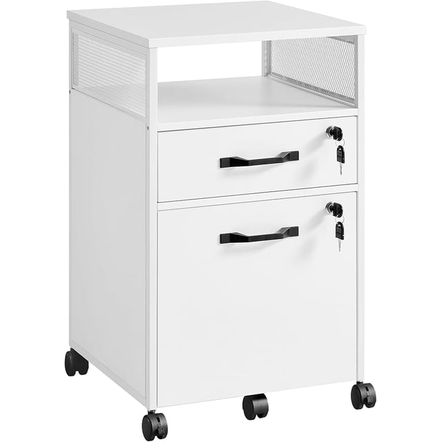 VASAGLE Archivador Móvil con 2 Cajones, Archivador de Oficina con Ruedas, 44 x 42 x 69 cm, Compartimento Abierto, Blanco Nube