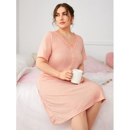 

Women s Plus V neck Lace Detail Solid Nightdress 3XL(18) Coral Pink Casual F22001D