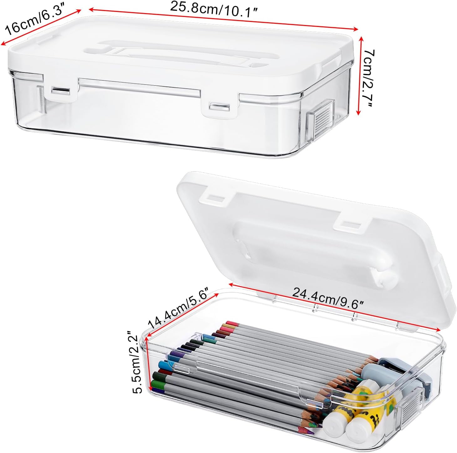 Clear Plastic Storage Container with Lid & Handle, Multipurpose Craft Organizers and Storage Box, Easy Carry & Stack Flat Storage Box for Pencils Markers Crayons Sticky Notes, 1 Pack