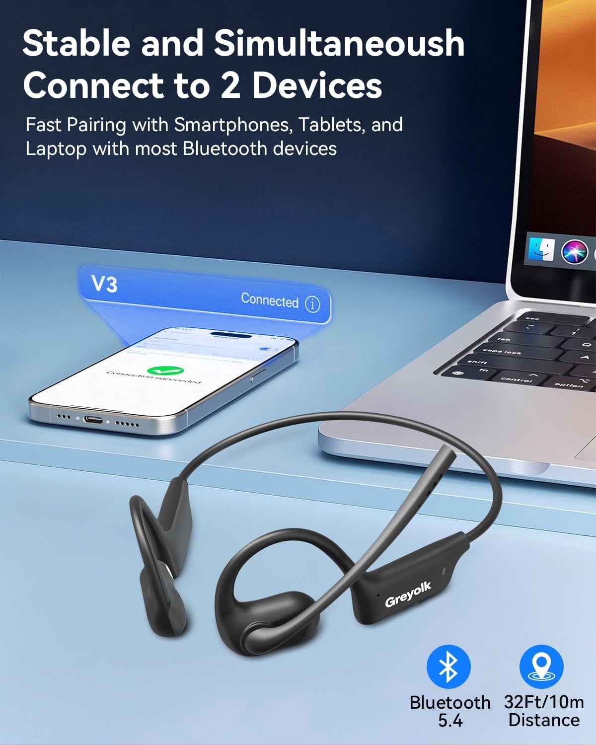 Open Ear Headphones with Mic, Bluetooth Headset with AI Noise Cancellation Microphone Air Conduction Headphones Bluetooth 5.4 Wireless Headset with Mic for Work Call Meeting Driving Sports（Black）