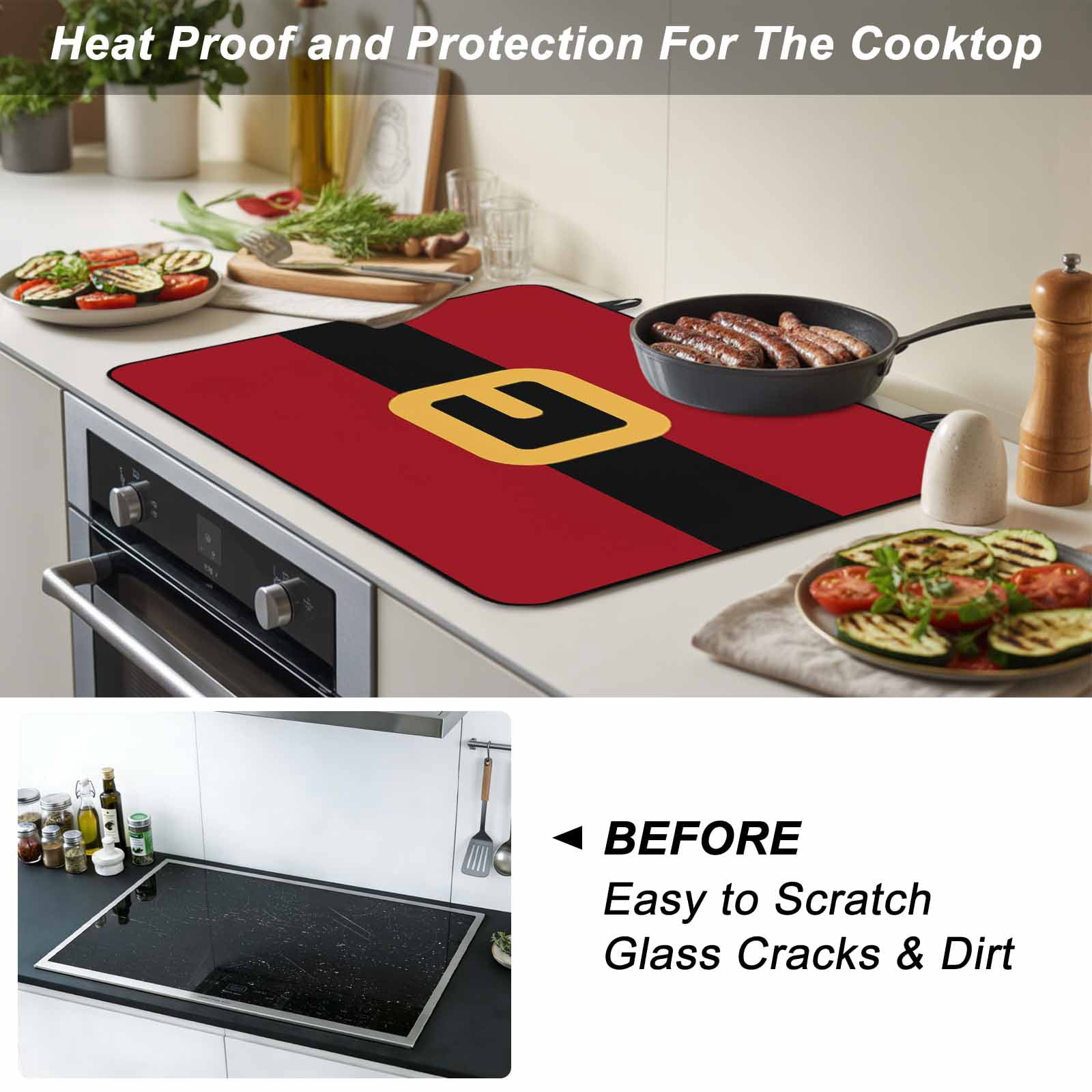 Christmas Santa Stove Top Cover for Electric Stove, Heat-proof & Non Slip Glass Top Stove Cover Protector, Black Golden Belt Red Backdrop Kitchen Flat Cooktop Rubber Mat 24x21 Inches