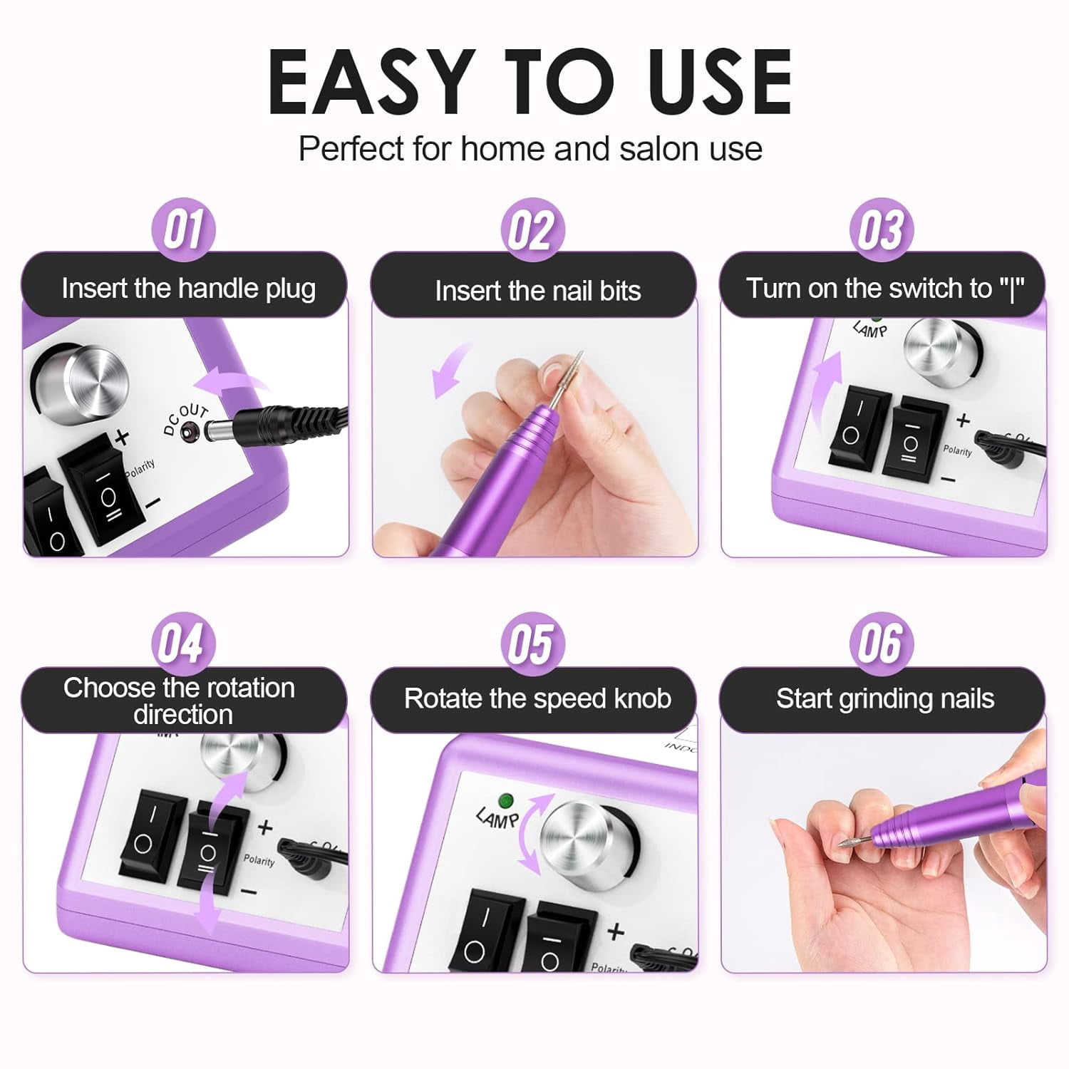 Electric Nail Drill Machine for Manicure Pedicure - 20000RPM Professional Nail File Kit with 1 Pack Sanding Bands - Low Noise Efile for Acrylic Nails - Home Salon Use