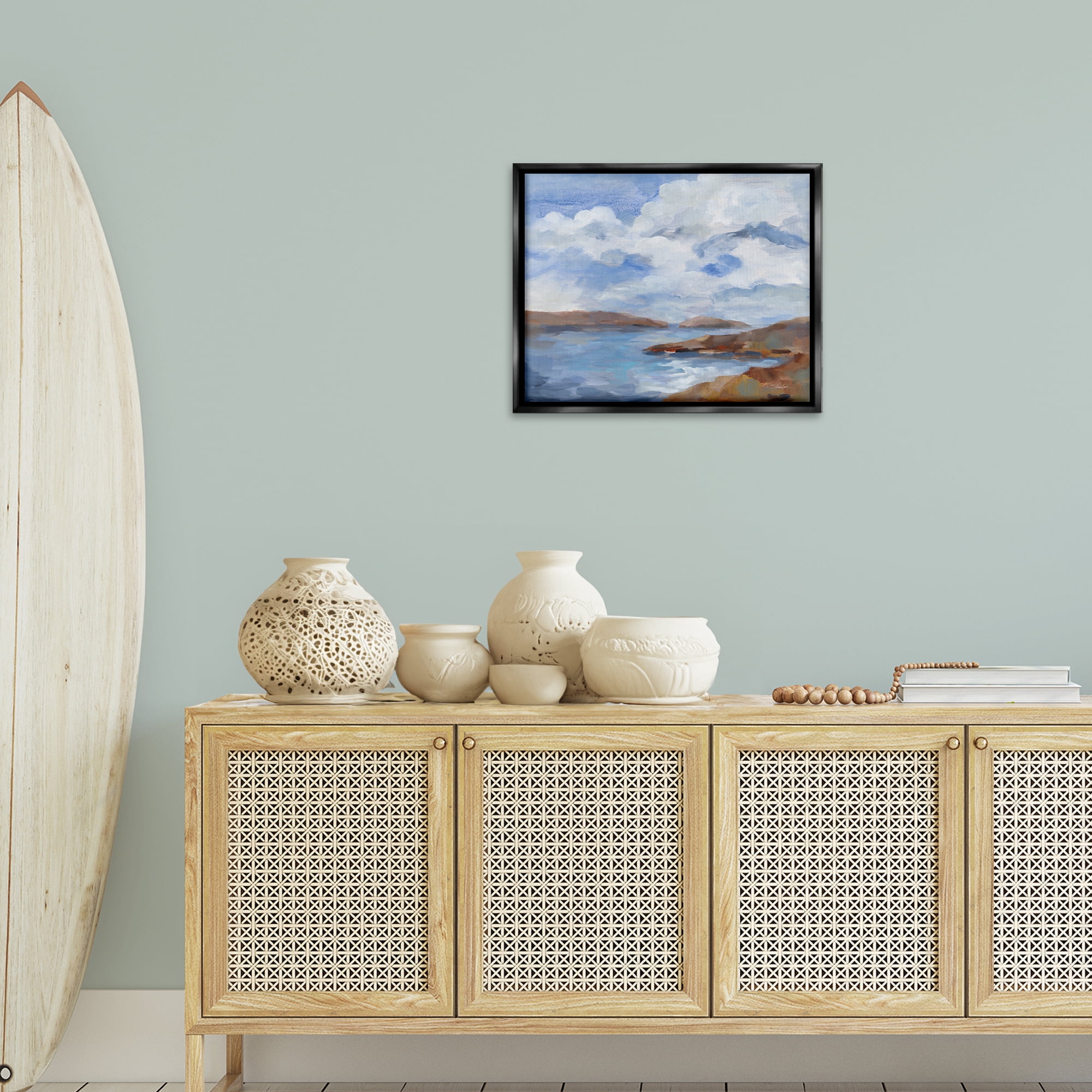 Stupell Industries Islands Beach View Landscape & Nature Painting Black Floater Framed Canvas Art Print Wall Art, 21 x 17