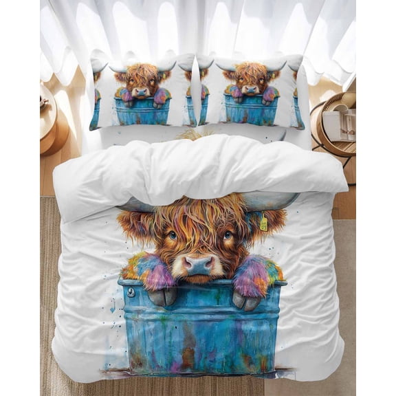 Highland Cattle Bedding Duvet Cover Set Full Size 4 Pieces Farmhouse Cow Funny Animal Bedding Set with Zipper Closure, 1 Comforter Cover 86x86 Inches 1 Flat Sheet & 2 Pillow Cases