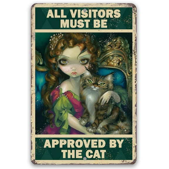 All Visitors Must Be Approved By The Cat - Gothic Metal Sign - In This Inspirational Woman Empowerment and Cat Lover Decor - Great Wicca, Wiccan, Witch, Occult, Magic Gift Under $20 (8" x 12")