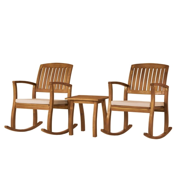 South Hampton Outdoor Acacia Rocking Chair with Cushion (Set of 2) and Table, Teak Finish
