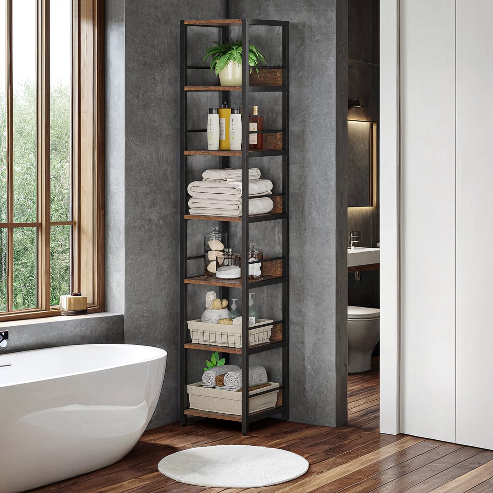 Demi Bonn 6-Tier Corner Shelf, 74" Narrow Etagere Bookshelf Storage Rack for Bedroom, Living Room, Brown