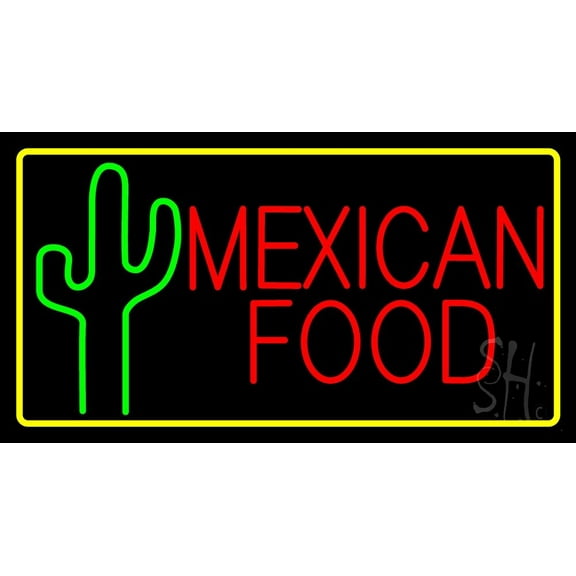 Red Mexican Food With Cactus Logo LED Neon Sign 20 x 37 - inches, Black Square Cut Acrylic Backing, with Dimmer - Bright and Premium built LED Neon Sign for restaurant window and interior decor.