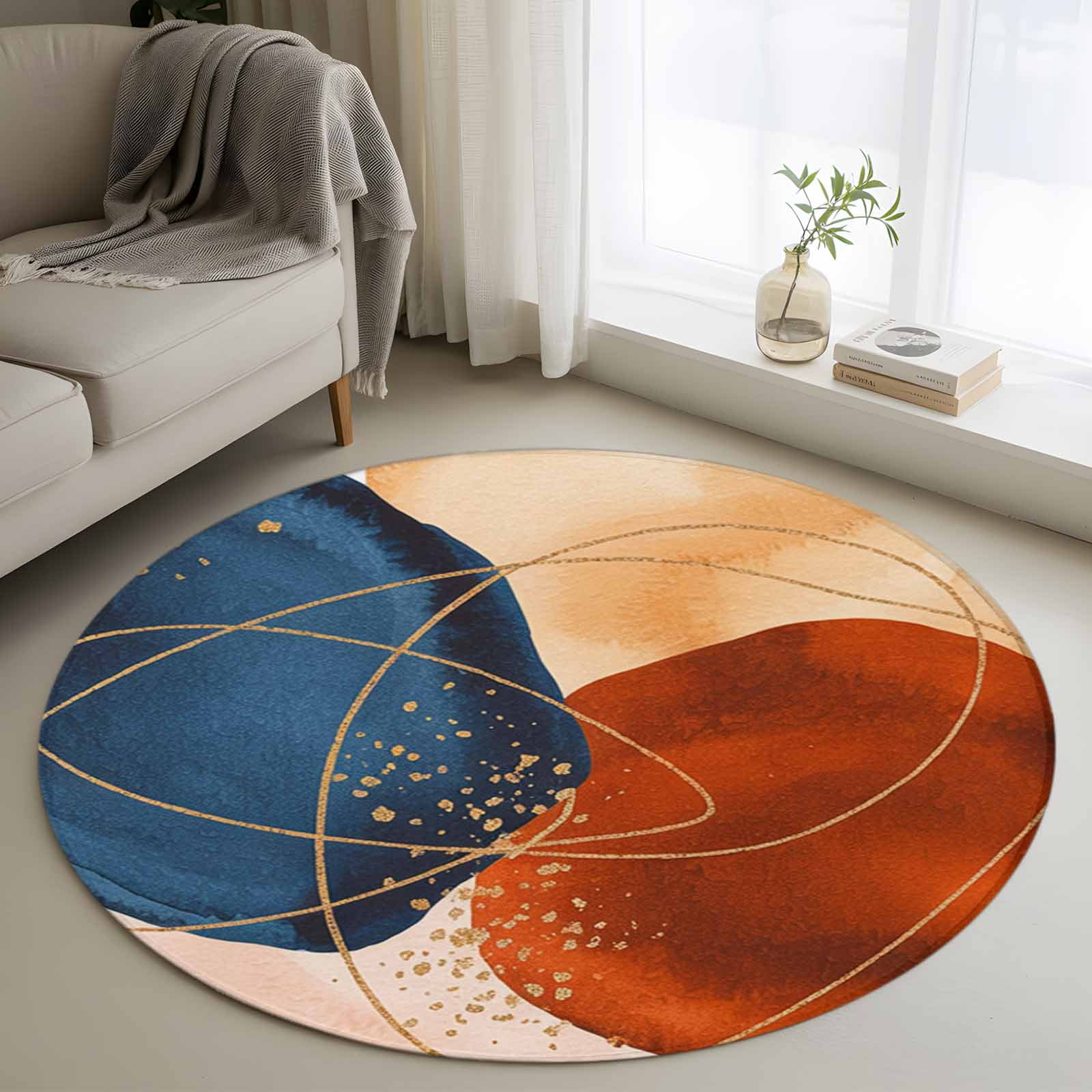 Round Area Rug 4ft Abstract Boho Geometric Art Non-Shedding Washable Area Rug Navy Blue Burnt Orange Graffiti Non Slip Low-Profile Circle Rugs for Living Room Bedroom Dining Room