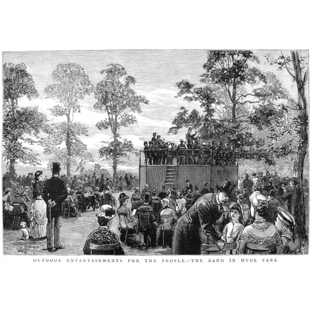 London Hyde Park 1881 NOutdoor Entertainments For The People - The Band In Hyde Park Wood Engraving English 1881 Rolled