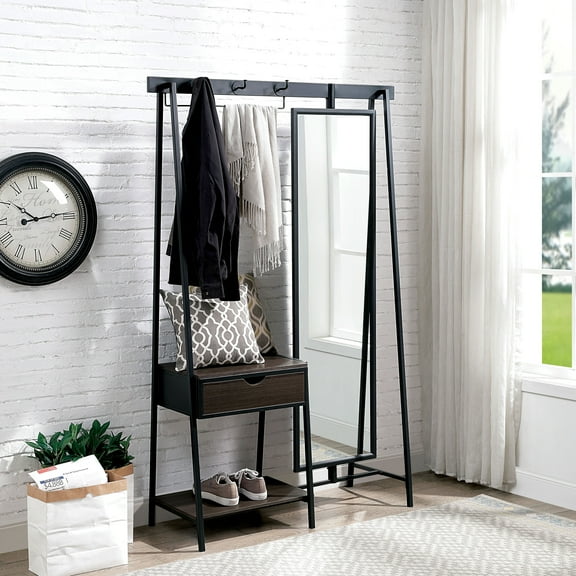 Drindel 3-Hook and 1-Drawer Metal Coat Stand with Mirror, Matte Black