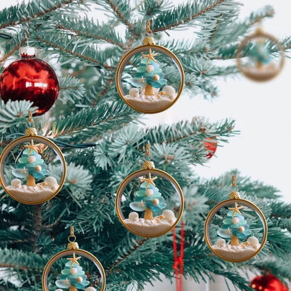 2D Flat Plastic Sea Glass Pattern Christmas Tree Decorations Set of 5, Coastal Christmas Tree Hanging Ornaments, Sea Glass Xmas Pendants, Winter Holiday Home Decor, Gifts for Family Gatherings