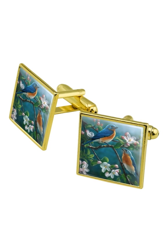 Eastern Bluebirds Blue Birds Thrush Square Cufflink Set - Silver or Gold