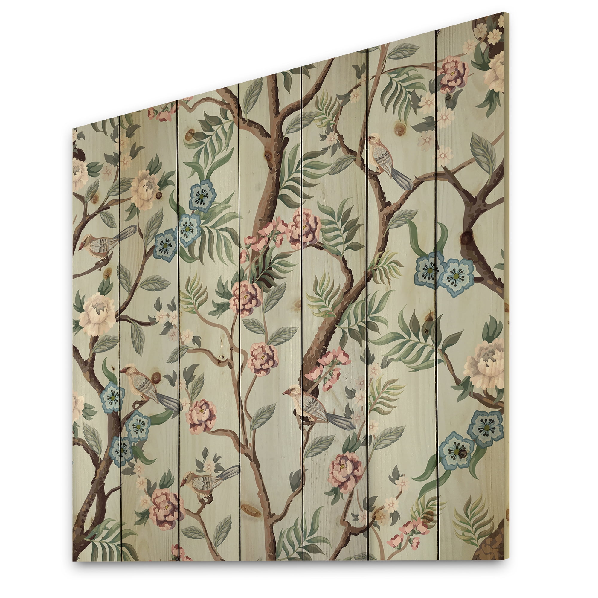 Designart 'Birds and Peonies With Chinoiserie X' Traditional Print on Natural Pine Wood