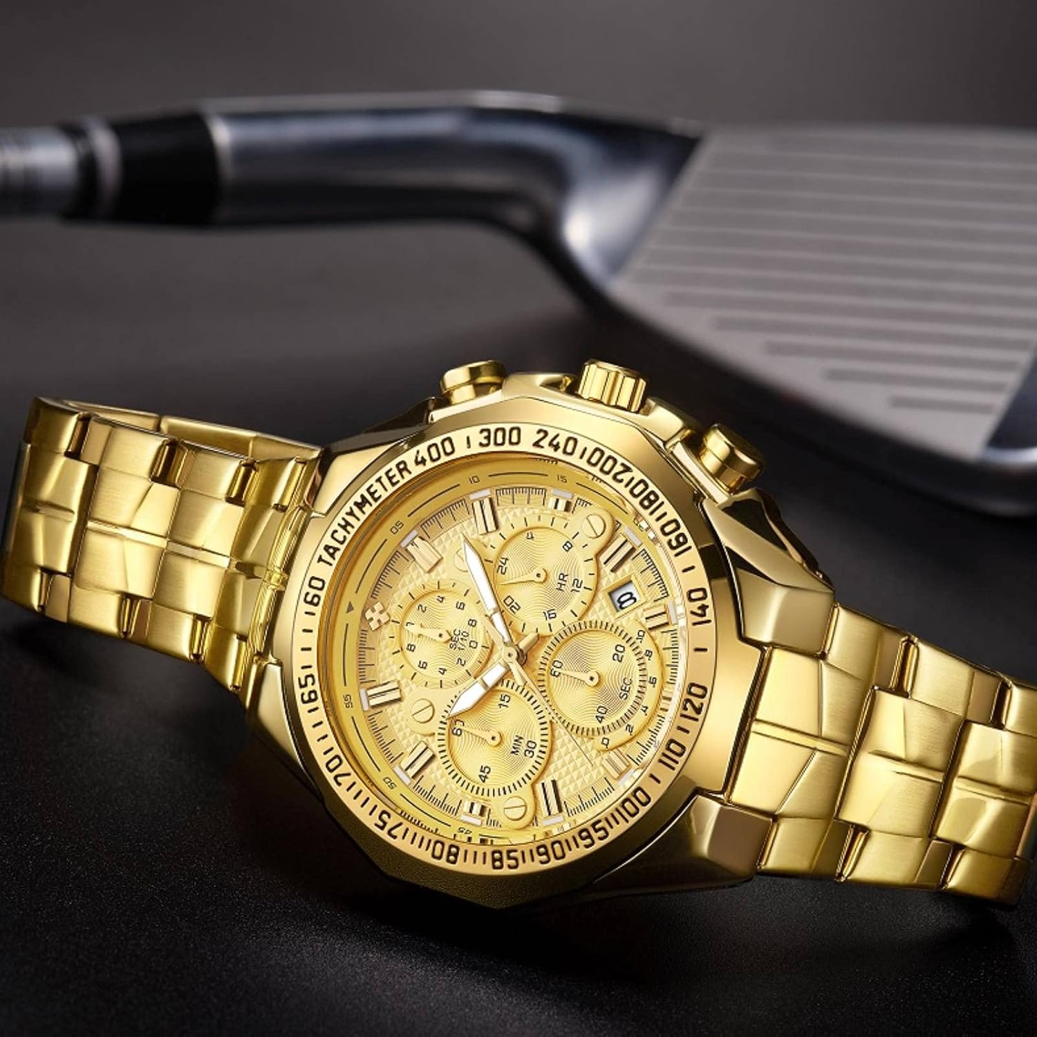 Men's Gold Watch Stainless Steel Waterproof Watches for Men Multifunctional Chronograph Analog Quartz Fashion Business Wristwatch Luminous with Date