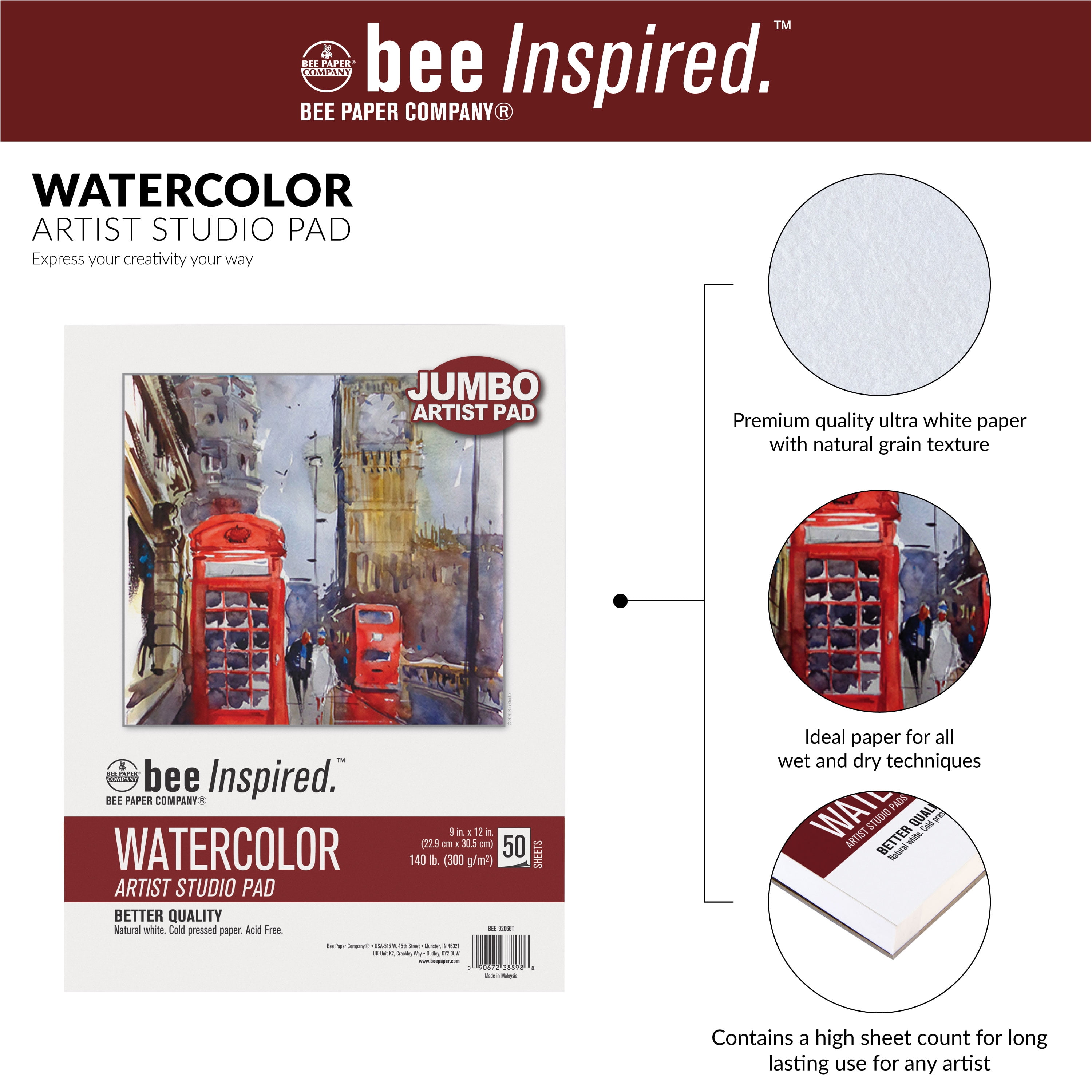 Bee Paper - Bee Inspired Jumbo Mixed Media Artist Pad, 9 x 12 Wirebound  Sketchbook, 2 Pack