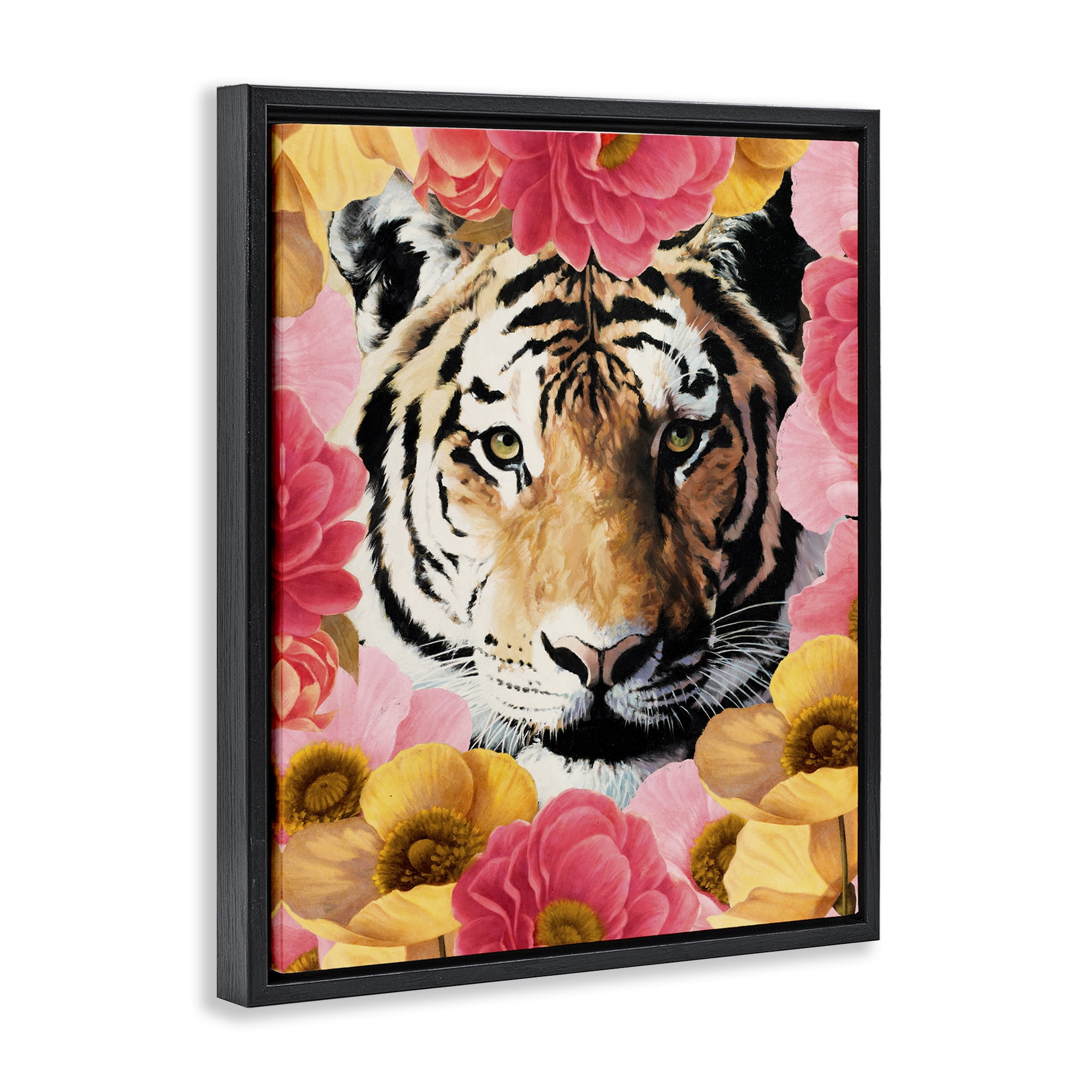 Stupell Industries Tiger on Dahlia Florals Animals Painting Black Floater Framed Canvas Art Print Wall Art, 25 x 31