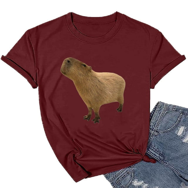 WILLBEST T-Shirts pour Dames T-Shirt Graphique Capybara Selfie Mignon Imprimé Dessin Animé Couleur