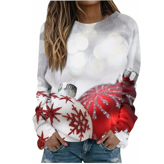 asdoklhq Womens Sweaters Women's Christmas Glitter Print Loose Casual Long Sleeve Round Neck Hoodless Straight Shoulder Sweater Red S