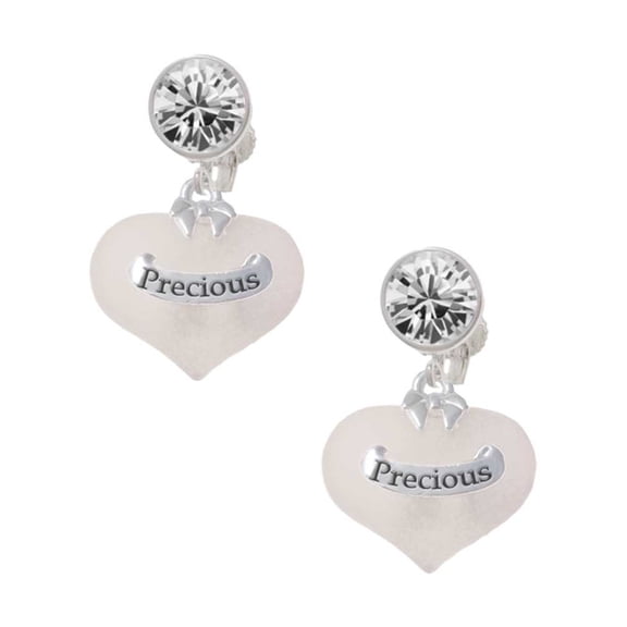 Precious White Heart with Baby Feet Clear Crystal Clip On Earrings