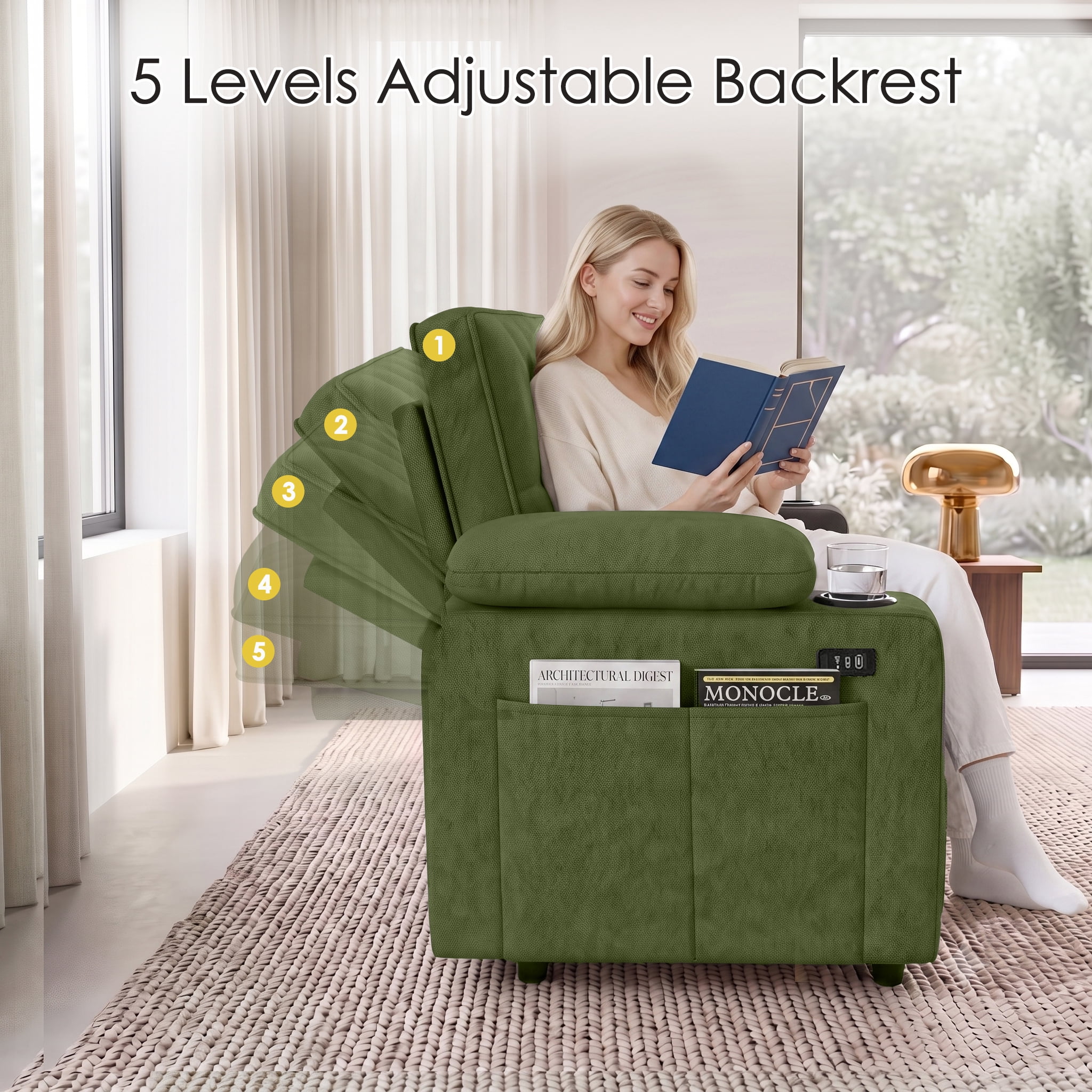 58" Convertible Sleeper Sofa Bed, Full Size Pull Out Couch with USB Charging, Cup Holders, Adjustable Backrest & Side Pockets, Towel Fabric Loveseat for Living Room, Apartment, Office (Green)