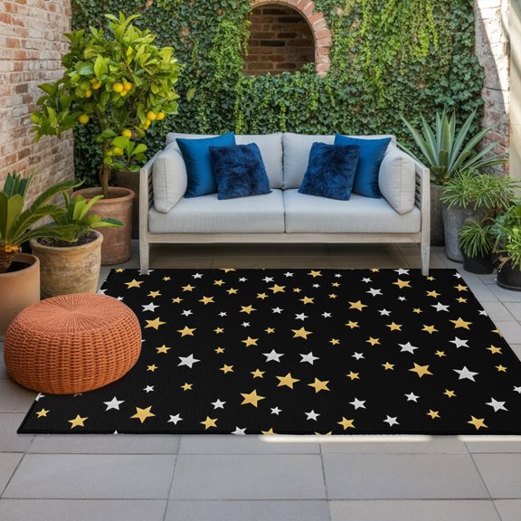 Outdoor Rug, Abstract Yellow White Stars Art Indoor Area Rug Outdoor Carpet RV Camping Rugs 4x6ft Black Background Outside Mat for Patio Picnic Porch Deck Balcony Backyard