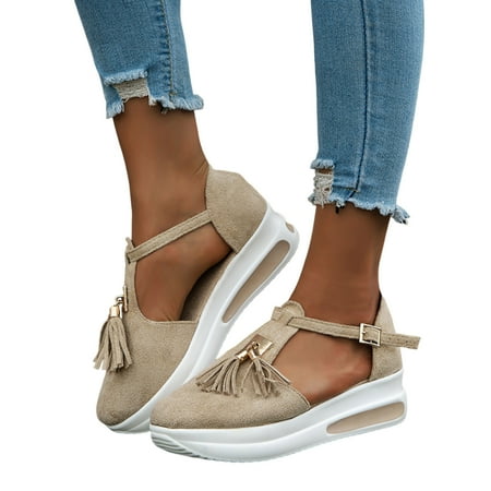 

ZIZOCWA Comfort Sandals for Women Summer Solid Color Tassel Buckle Thick Sole Sandals Female Vintage Wedge Close Toe Platform Sandalias Beige Size8