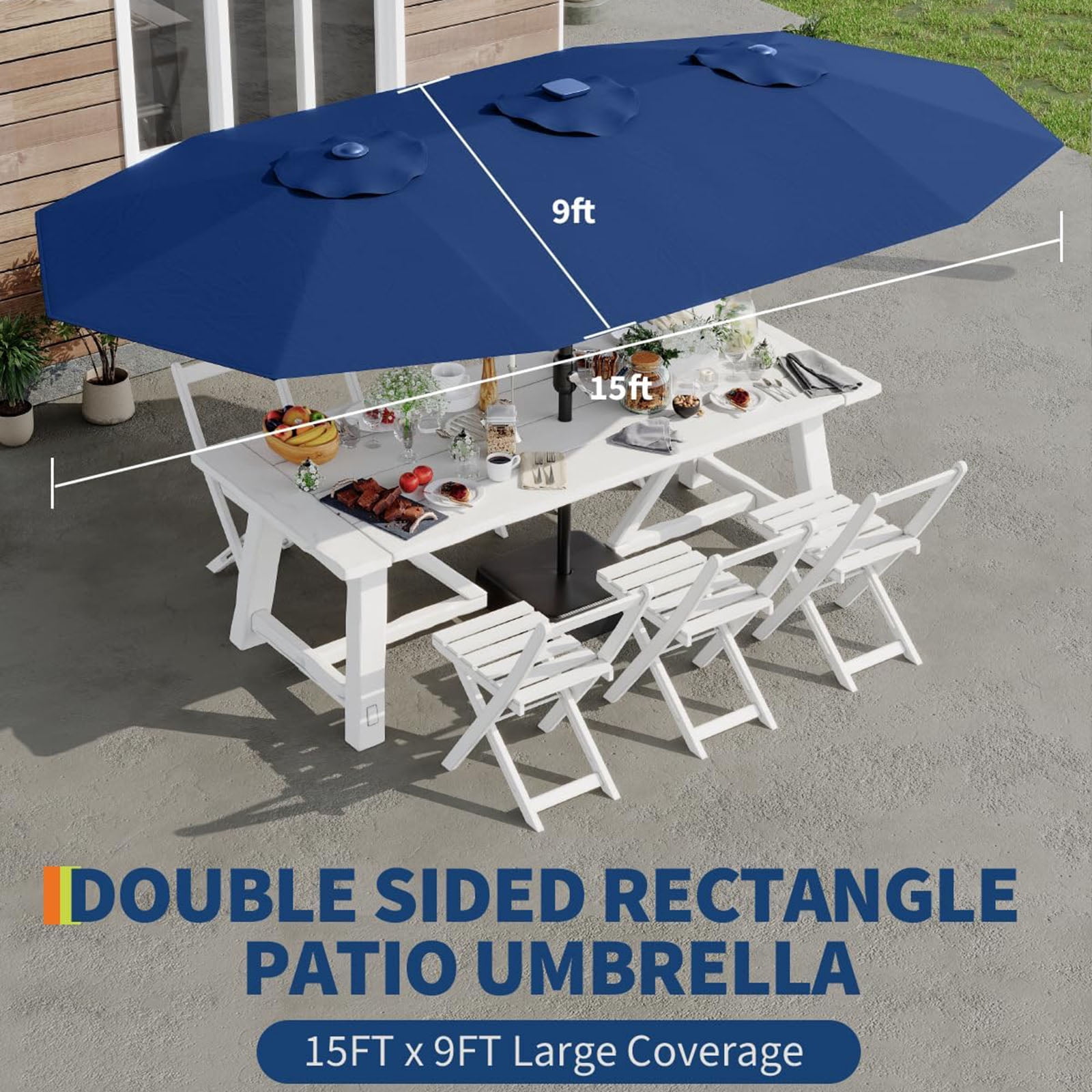 Lumiparty 15FT Large Patio Umbrella with Base Included, Double-Sided Rectangle Market Umbrella with Cross Base and Sandbag for Pool Lawn Garden, Navy Blue