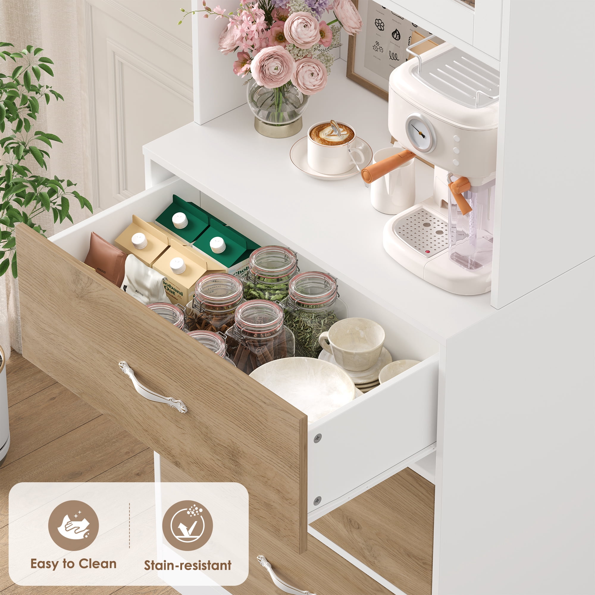 Homfa 71" Tall Kitchen Pantry Cabinet, Freestanding Storage Cupboard with Glass Doors, 3 Drawers & Adjustable Shelves, Modern Coffee Bar Cabinet for Kitchen Dining Room Living Room White Khaki