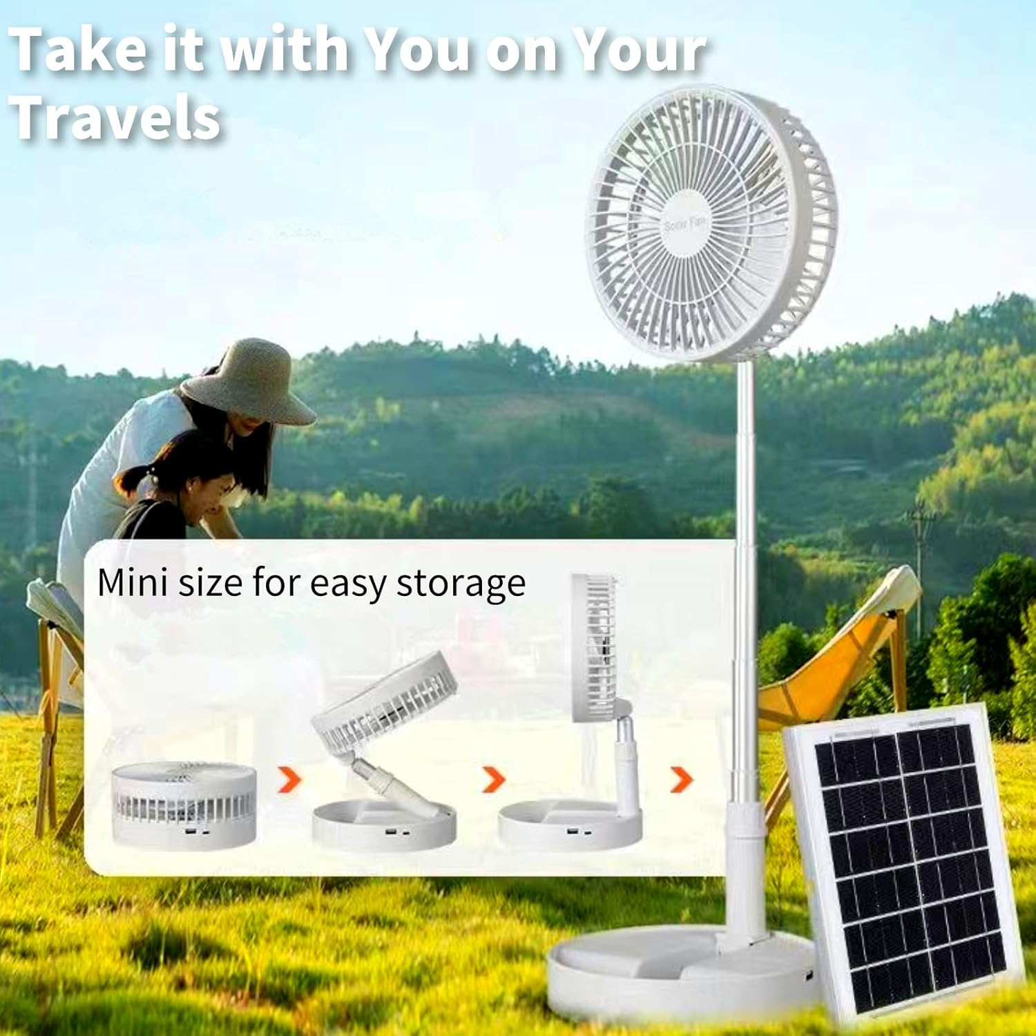 Solar Powered Outdoor Fan, Rechargeable Foldable Desk Fan with Solar Panel Battery Operated Pedestal 3 Speeds Quiet Height Adjustable Floor Fan for Home, Bedroom, Travel