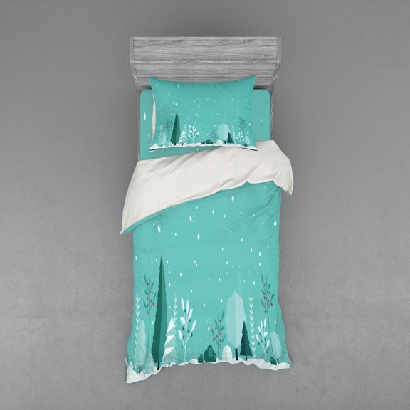Winter Duvet Cover Set, Botanical Landscape Rural Forest View with Snowy Blanket Trees, Bedding Set with Shams and Fitted Sheet, 3 Sizes, by Ambesonne